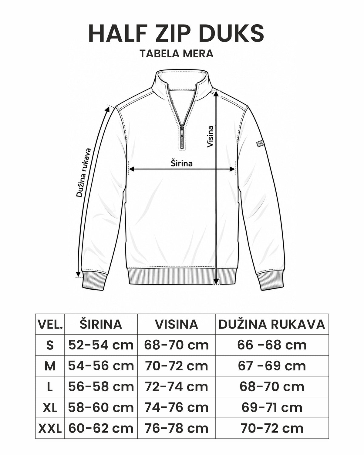 Tabela mera - half-zip duks