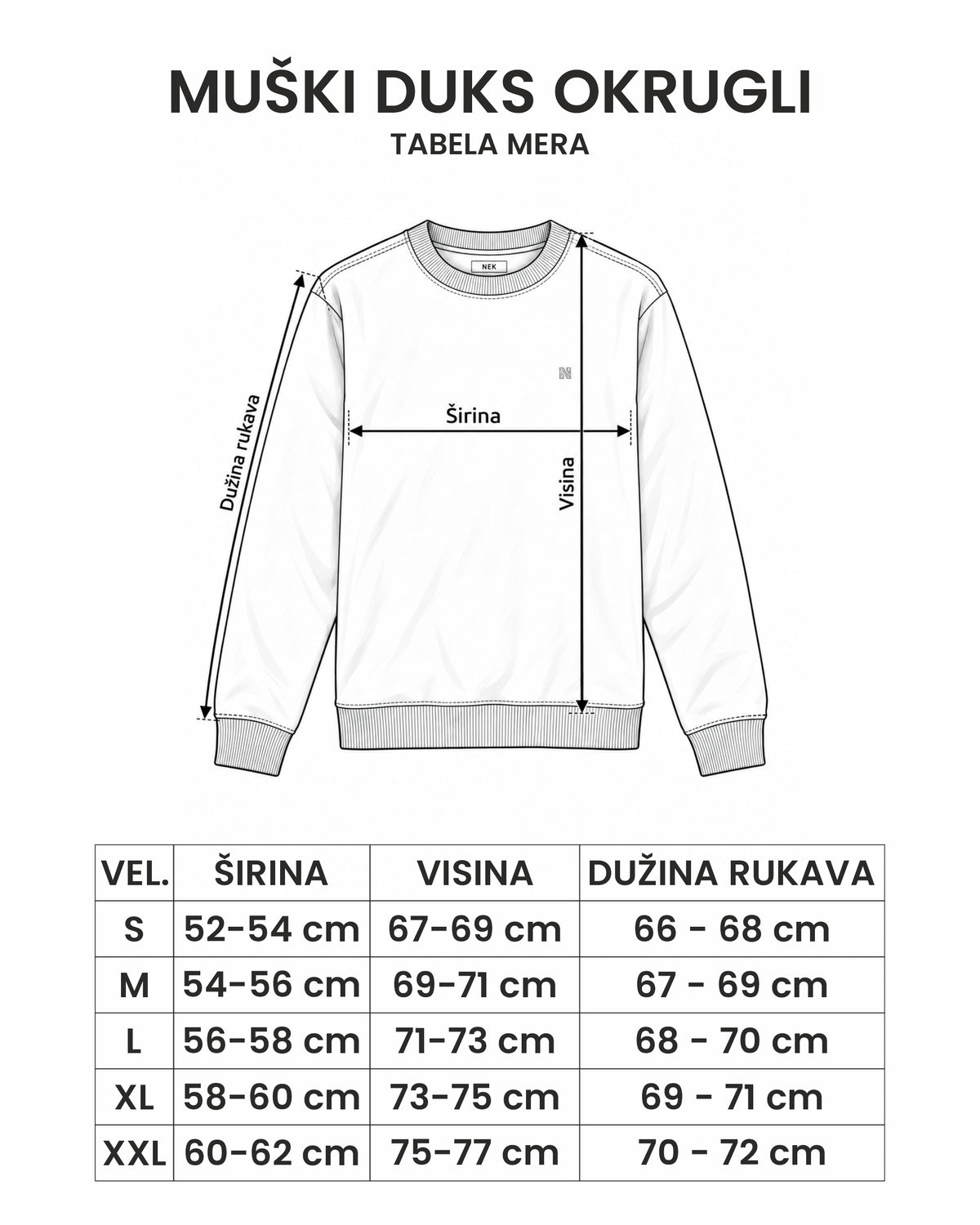 Tabela mera - muški okrugli duks