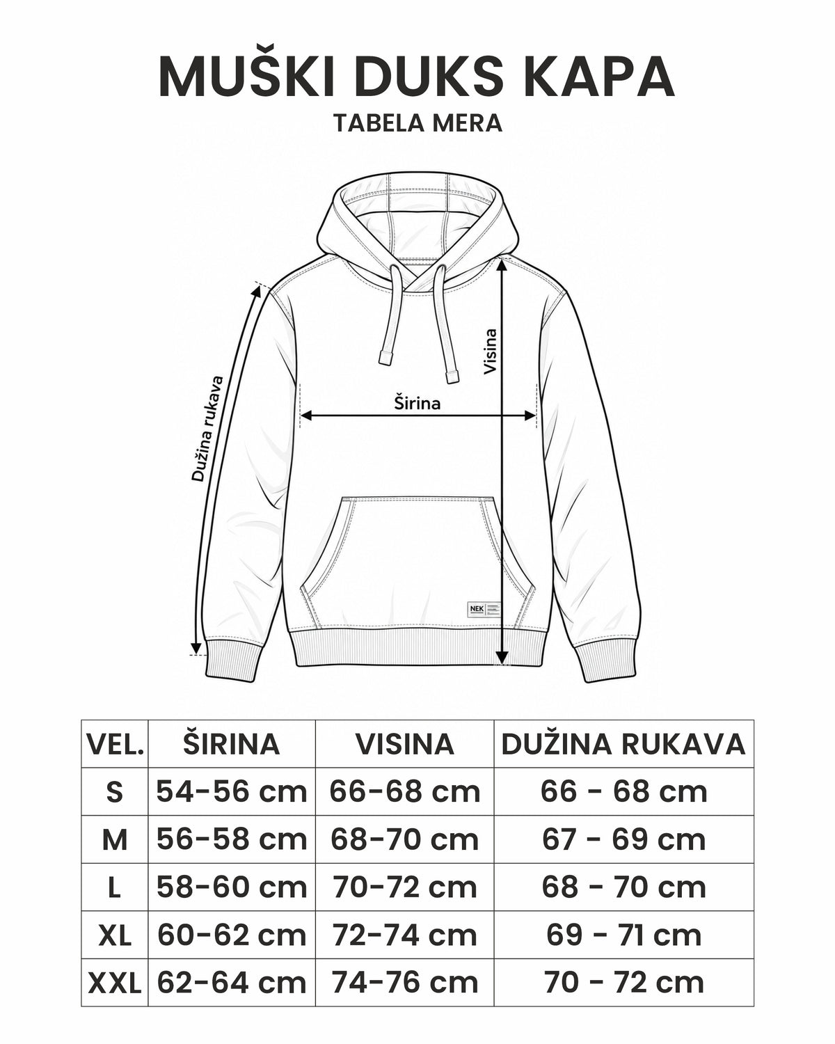 Tabela mera - muški duks sa kapuljačom